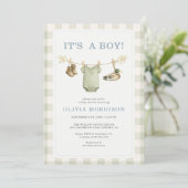 Invitation C'est une Fête de Naissance Gingham de Chasse au C (Debout devant)