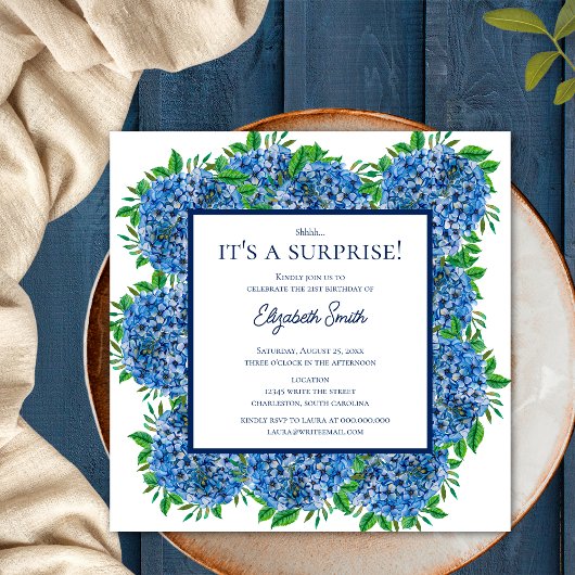 Invitation C'est une fête surprise pour 21 ans Blue Hydrangea