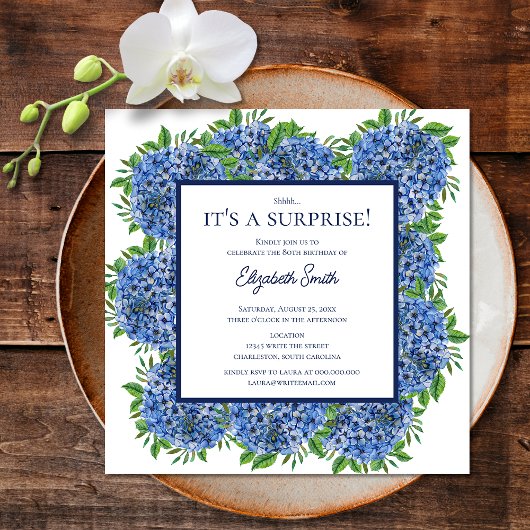 Invitation C'est une fête surprise pour 80 ans Blue Hydrangea