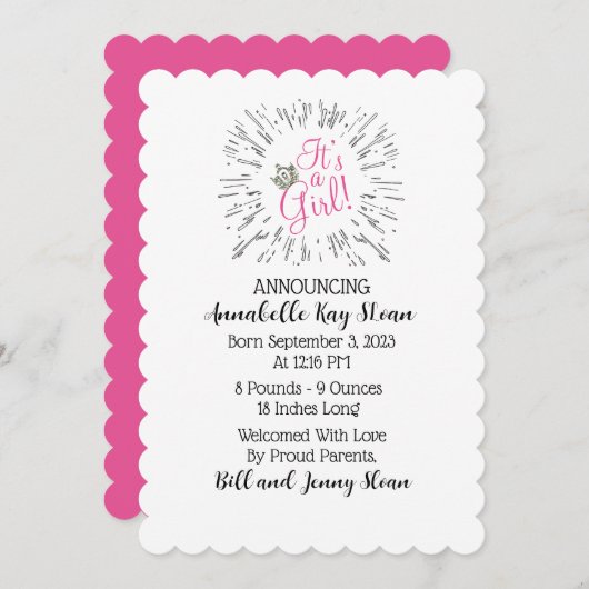 Invitation "C'est une fille !" Annonces Tiara Baby (Devant / Derrière)