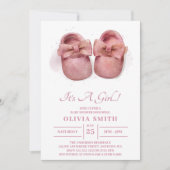 Invitation C'est une fille Aquarelle Chaussures de bébé migno (Devant)
