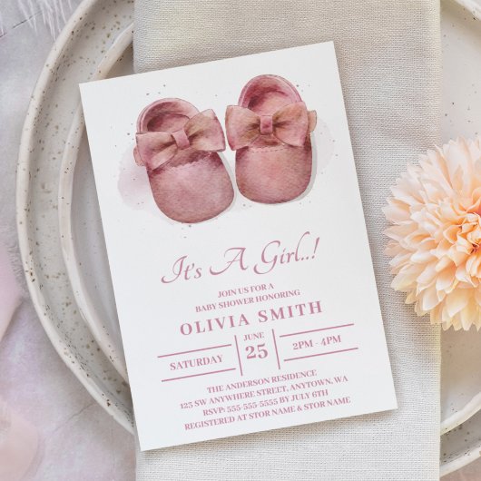 Invitation C'est une fille Aquarelle Chaussures de bébé migno