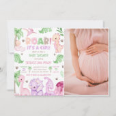 Invitation C'est une fille aquarelle Dinosaure Baby shower ph (Devant)