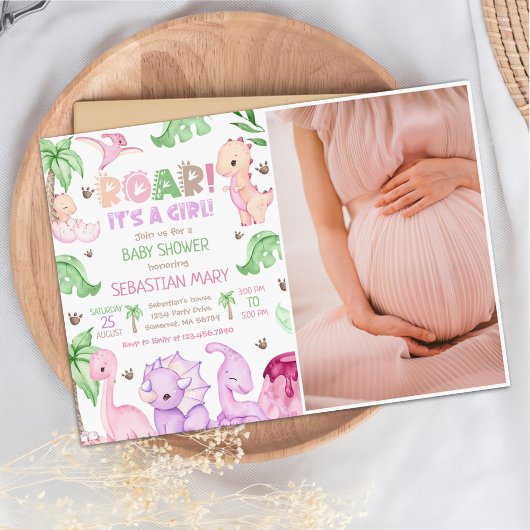 Invitation C'est une fille aquarelle Dinosaure Baby shower ph
