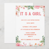 Invitation C'est une fille Aquarelle dorée florale rose pâle (Devant / Derrière)