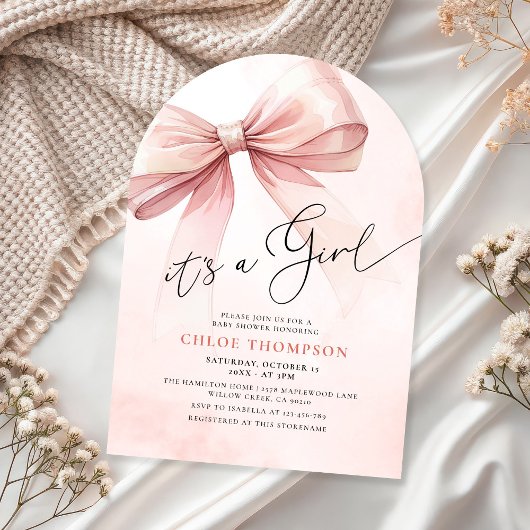 Invitation C'est une fille Aquarelle rose Bow Baby Girl Douch