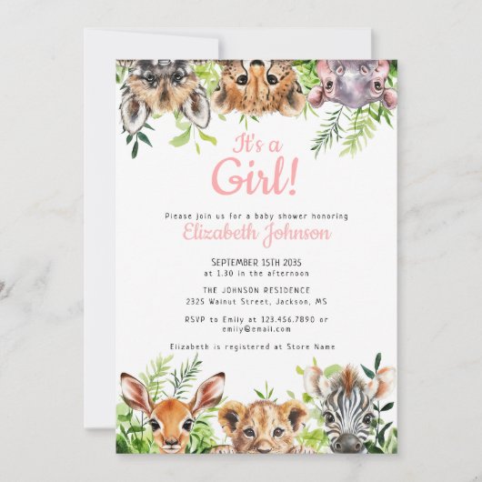 Invitation C'est une fille Aquarelle Safari Animaux Baby show (Devant)