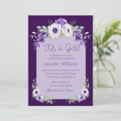 Invitation c'est une fille, aquarelle violet baby shower flor (Debout devant)