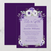 Invitation c'est une fille, aquarelle violet baby shower flor (Devant / Derrière)