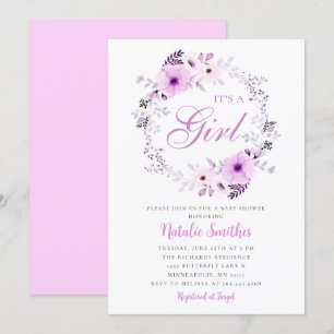 Invitation C'Est Une Fille Aquarelle Violet Baby shower Flora