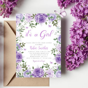 Invitation C'Est Une Fille Aquarelle Violet Baby shower Flora