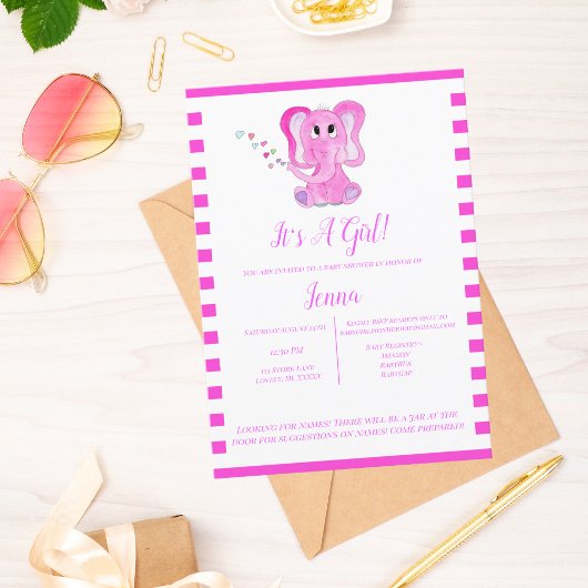 Invitation C'est une fille Baby shower aquarelle Eléphant