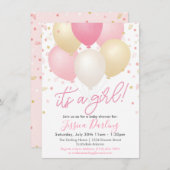 Invitation C'est une fille Baby shower Ballons roses et Confe (Devant / Derrière)