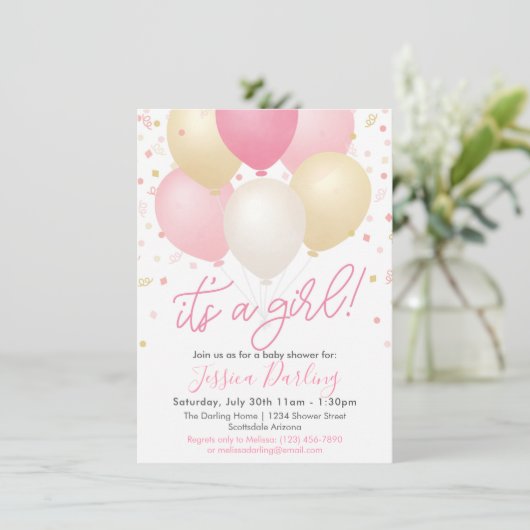 Invitation C'est une fille Baby shower Ballons roses et Confe (Debout devant)