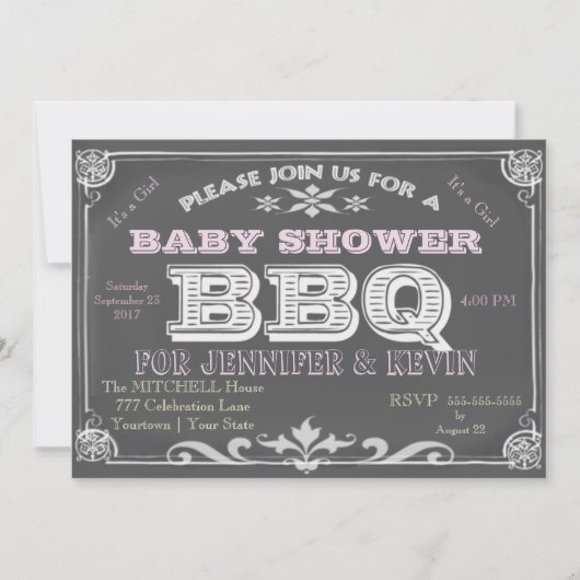Invitation C'est une fille Baby shower Bar B Que (Devant)