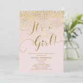 Invitation C'est une fille Baby Shower Blush Rose & Or Confet (Debout devant)