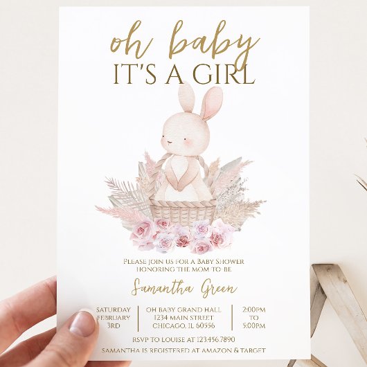 Invitation C'est une fille Baby Shower Boho Lapin