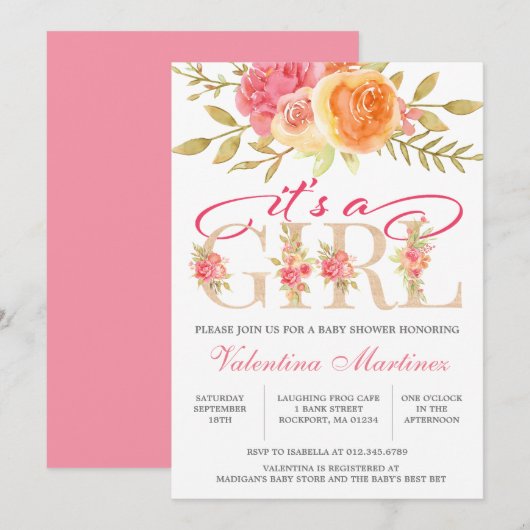 Invitation C'est une fille Baby shower d'aquarelle rose flora (Devant / Derrière)