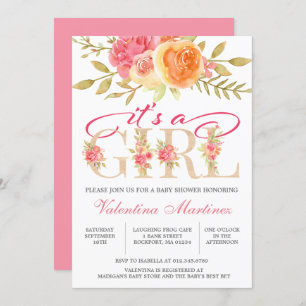 Invitation C'est une fille Baby shower d'aquarelle rose flora