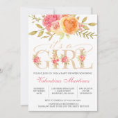 Invitation C'est une fille Baby shower d'aquarelle rose flora (Devant)