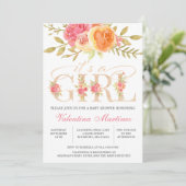 Invitation C'est une fille Baby shower d'aquarelle rose flora (Debout devant)