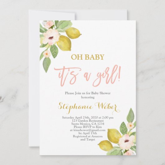 Invitation C'est une fille Baby shower de citrons d'agrumes (Devant)