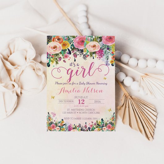 Invitation C'est une fille Baby shower de jardin fleuri Invit