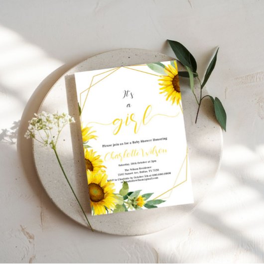 Invitation C'est une fille ! Baby shower de tournesol aquarel