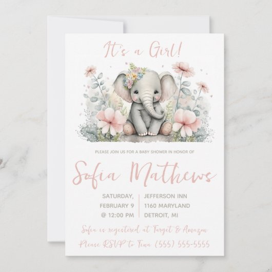 Invitation C'est une fille ! Baby shower d'éléphant rose et g (Devant)
