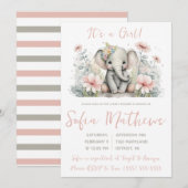Invitation C'est une fille ! Baby shower d'éléphant rose et g (Devant / Derrière)