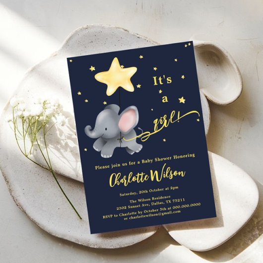 Invitation C'est une fille ! Baby shower Eléphant et Balloon