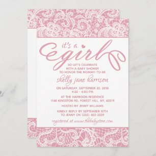 Invitation C'est une fille ! Baby shower en dentelle rose et 