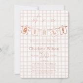 Invitation C'est une fille ! Baby shower En vichy marron (Devant)