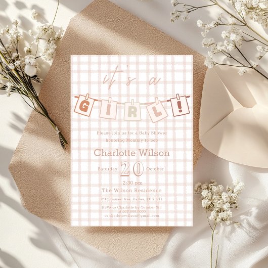 Invitation C'est une fille ! Baby shower En vichy marron