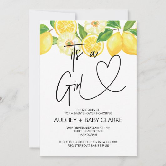 Invitation C'est une Fille Baby shower Fête Citron d'été (Devant)