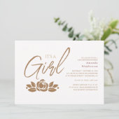 Invitation C'Est Une Fille Baby shower Floral Blanc Or (Debout devant)