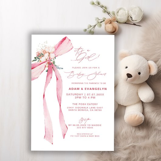 Invitation C'est une fille ! Baby shower Floral Bow rose pâle
