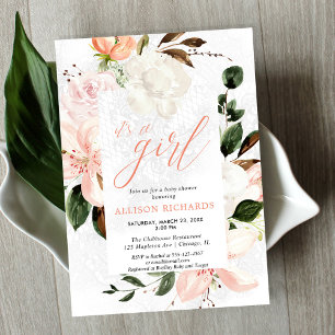 Invitation C'est une fille baby shower floral en dentelle ros