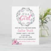 Invitation C'est une fille Baby shower floral gris rose (Debout devant)