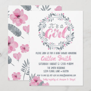 Invitation C'est une fille Baby shower floral gris rose