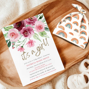 Invitation C'est une fille Baby shower Floral rose Bourgogne 