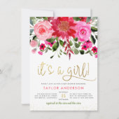Invitation C'est une fille ! Baby shower floral rose et rouge (Devant)