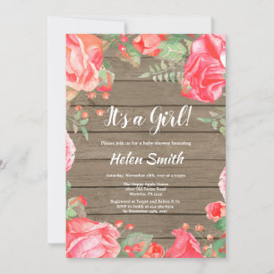 Invitation C'est une fille Baby shower floral rouge bois rust