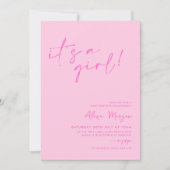 Invitation C'est une fille ! Baby shower minimal rose vif (Devant)