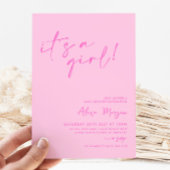 Invitation C'est une fille ! Baby shower minimal rose vif