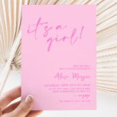 Invitation C'est une fille ! Baby shower minimal rose vif