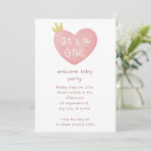 Invitation C'est une fille Baby shower princesse de coeur ros (Debout devant)