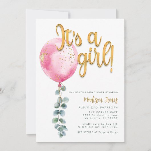 Invitation C'est une fille Baby shower rose ballons et script (Devant)