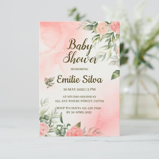 Invitation C'est une fille Baby shower rose bébé (Debout devant)