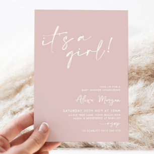 Invitation C'est une fille ! Baby shower rose minimal